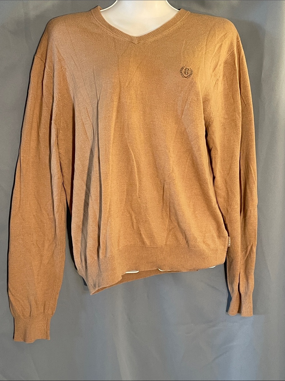 Izod Men's V-Neck Sweater in Camel Brown with Embroidered Crest